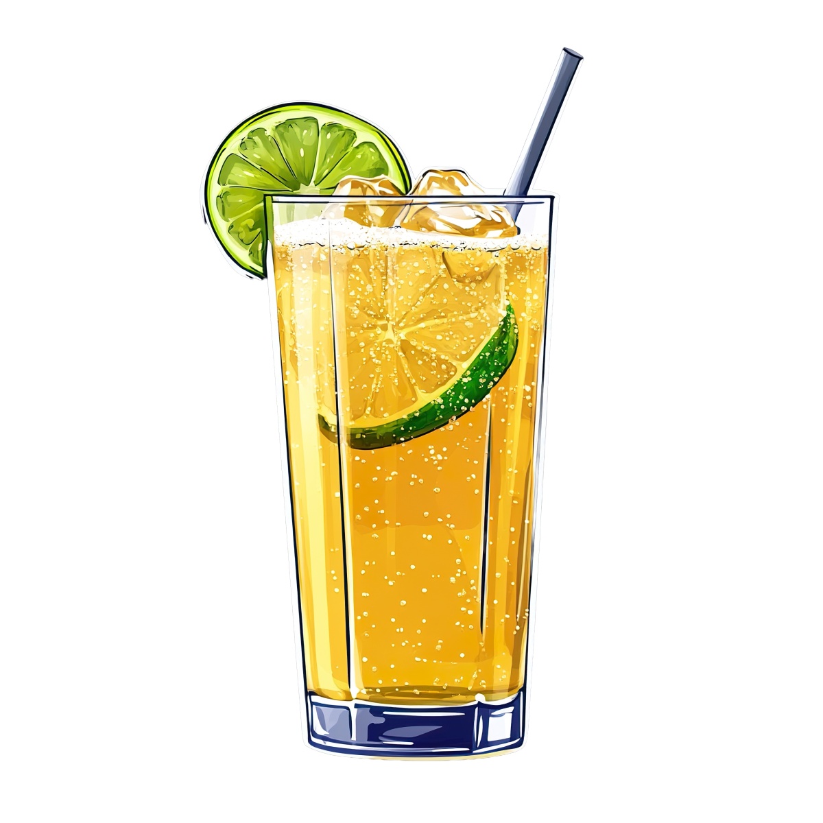 Tall glass of iced lemonade with lime slice and straw.