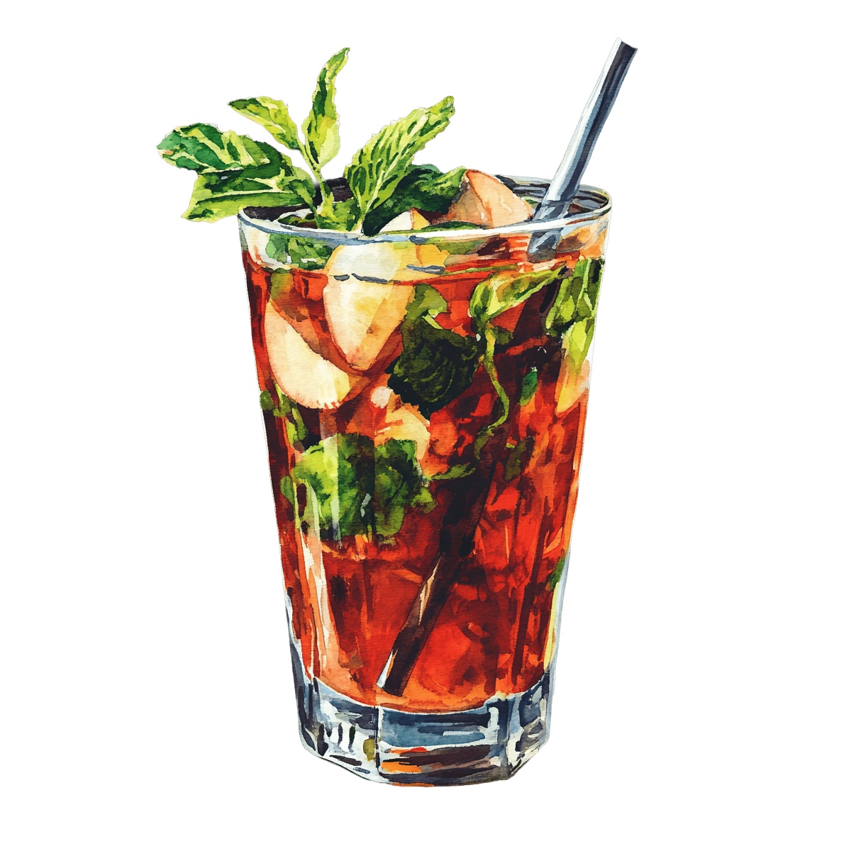 Tall glass of iced tea with mint leaves and a straw.