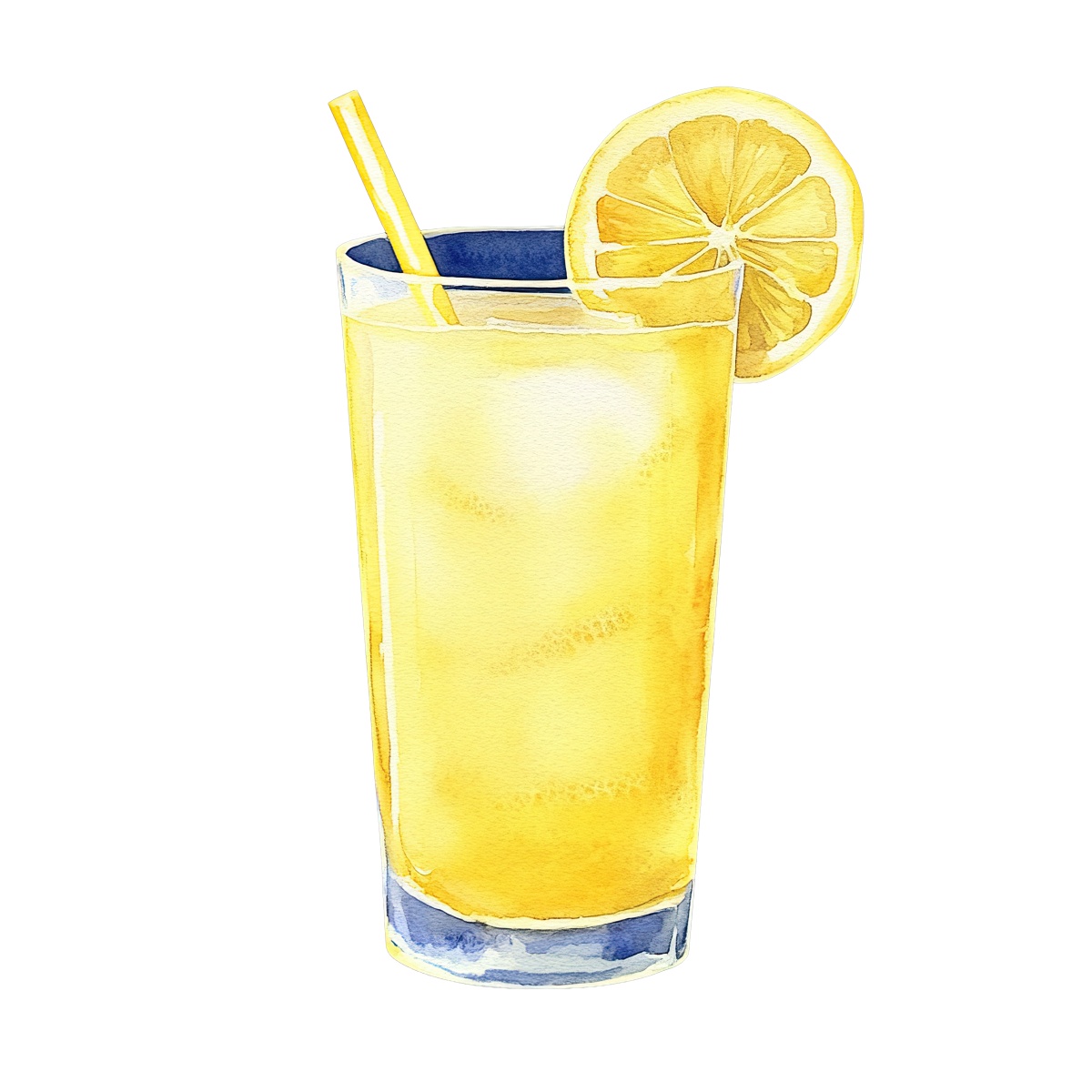 Tall glass of lemonade with a lemon slice and straw on the rim.