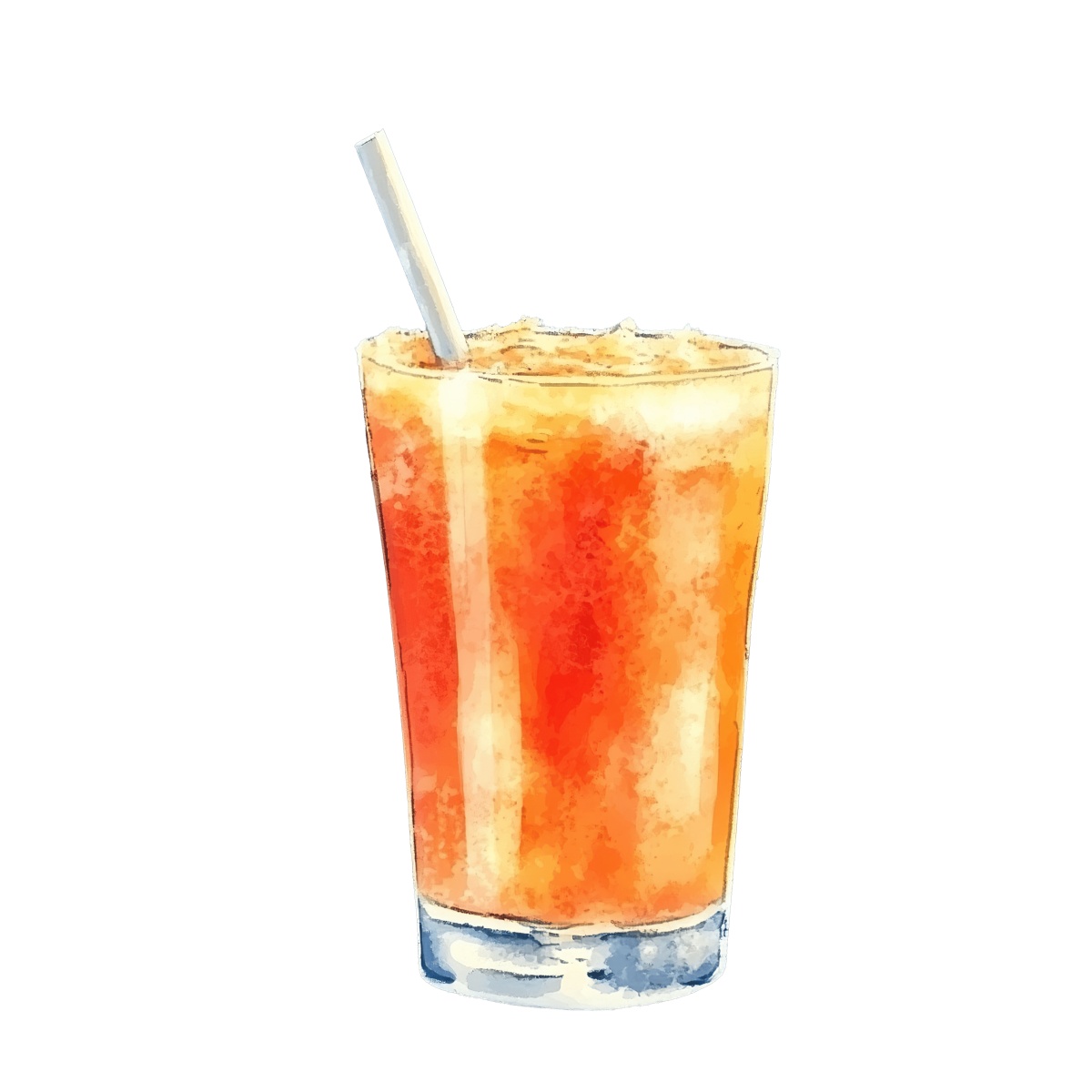Tall glass of orange juice with a straw in watercolor style.