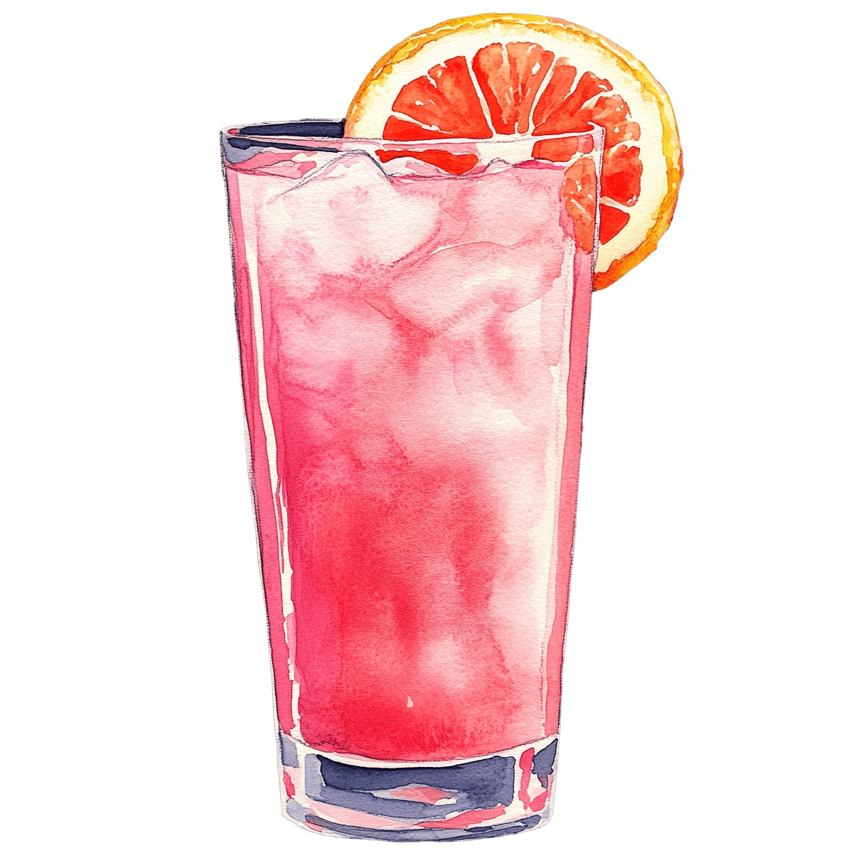 Tall glass of pink grapefruit juice with ice and a slice.