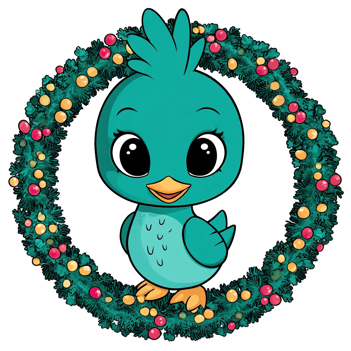 Teal bird standing within a decorative holiday wreath adorned with colorful orbs.