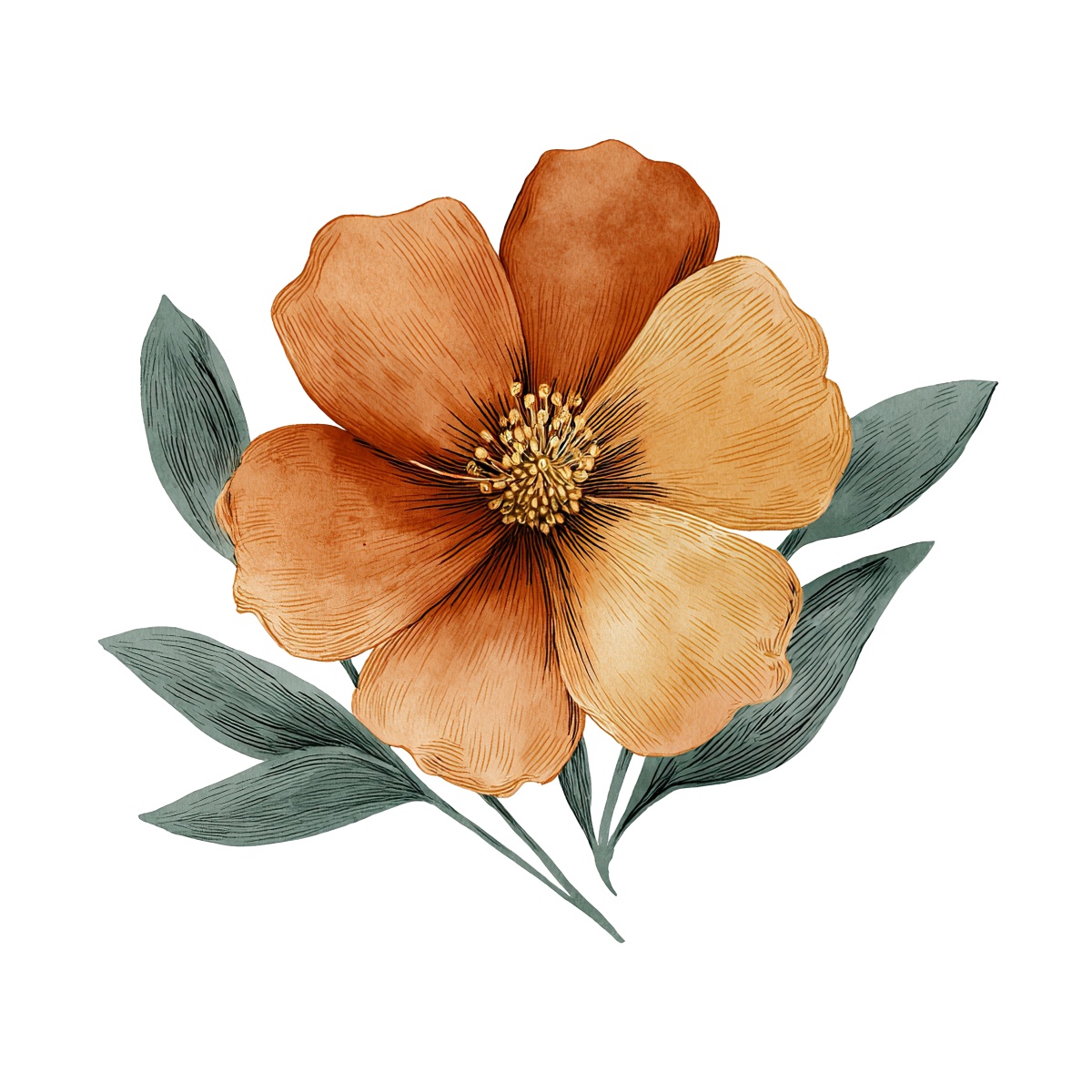 Terracotta flower with green leaves illustration