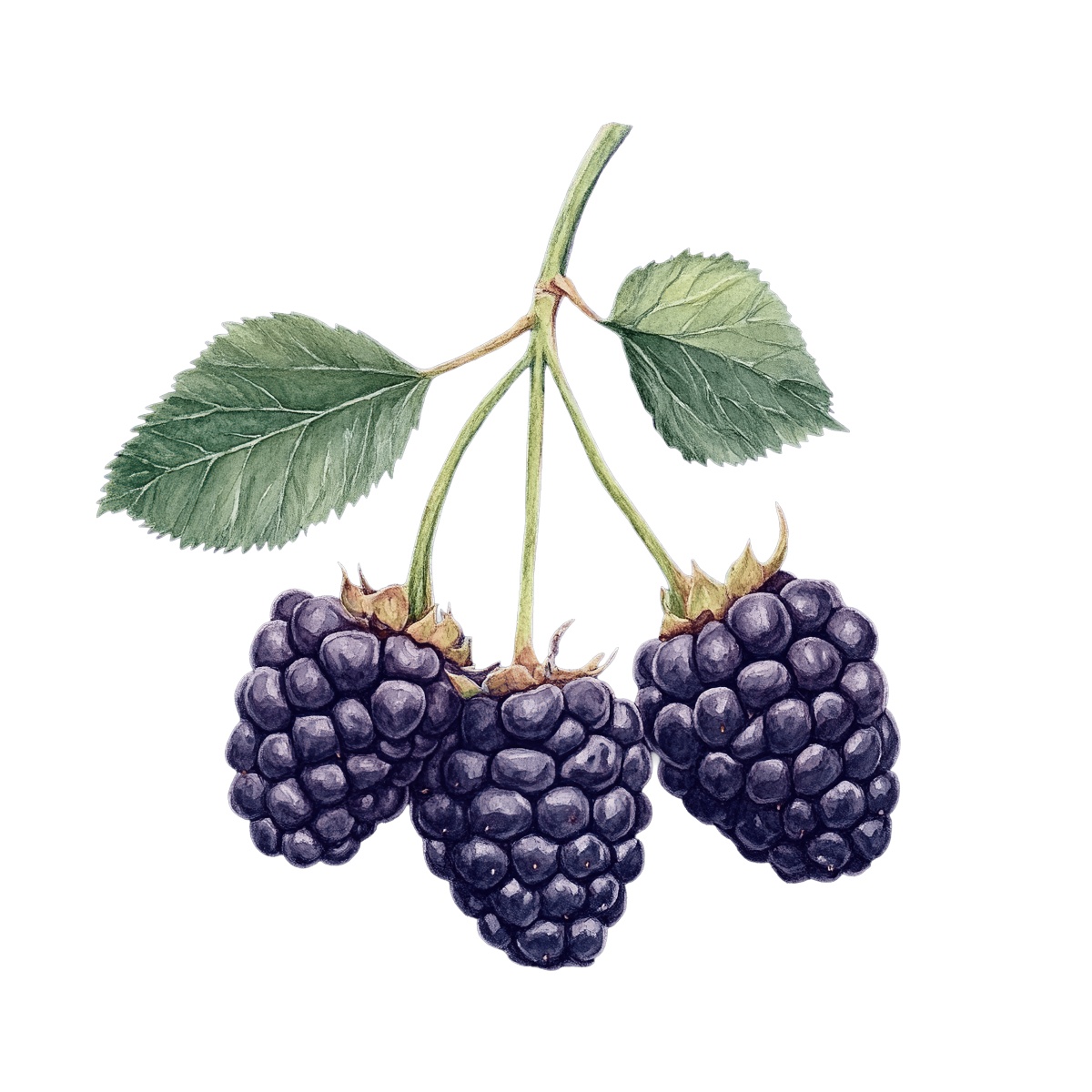 Three ripe blackberries with green leaves.