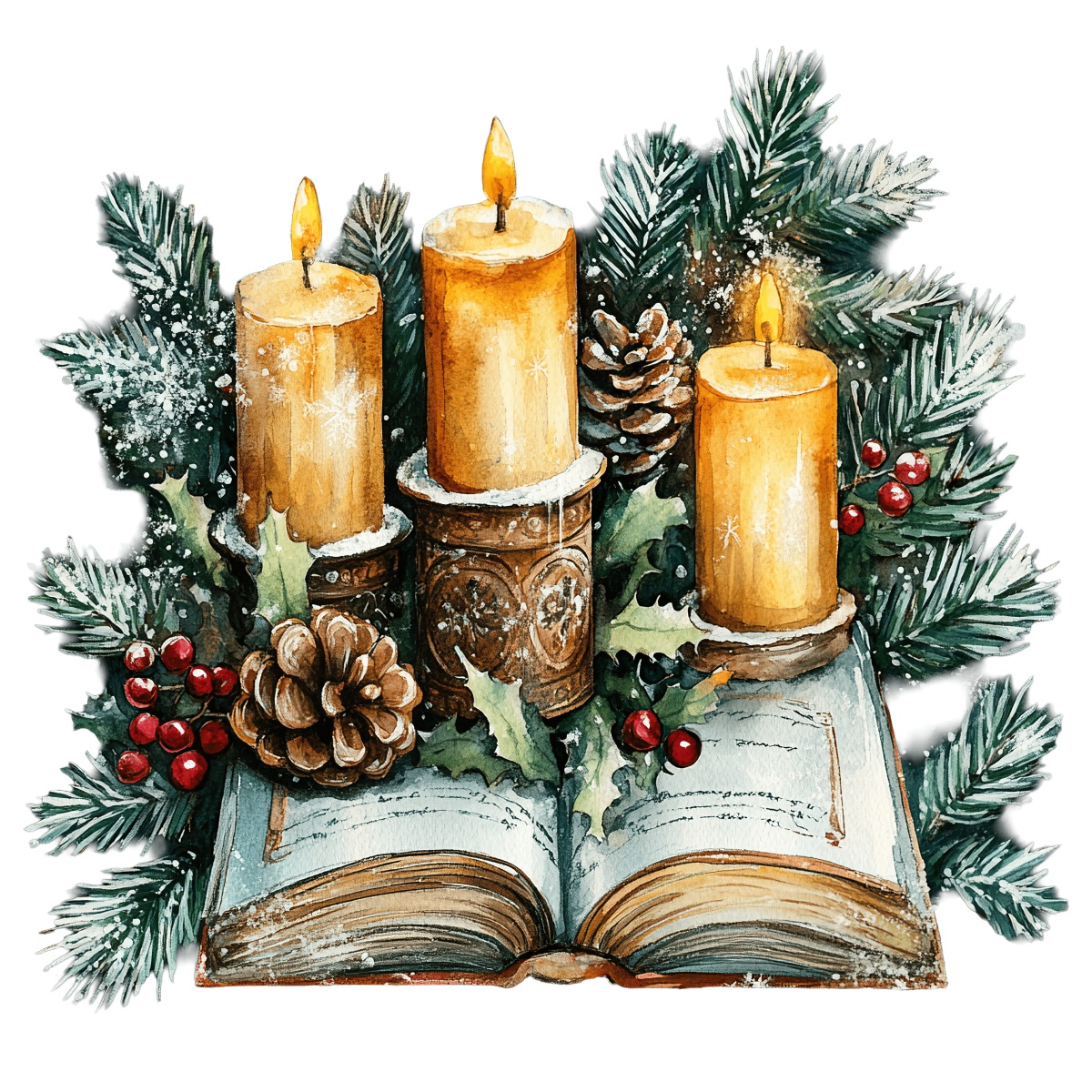 Three candles with pinecones and holly on an open book with greenery.