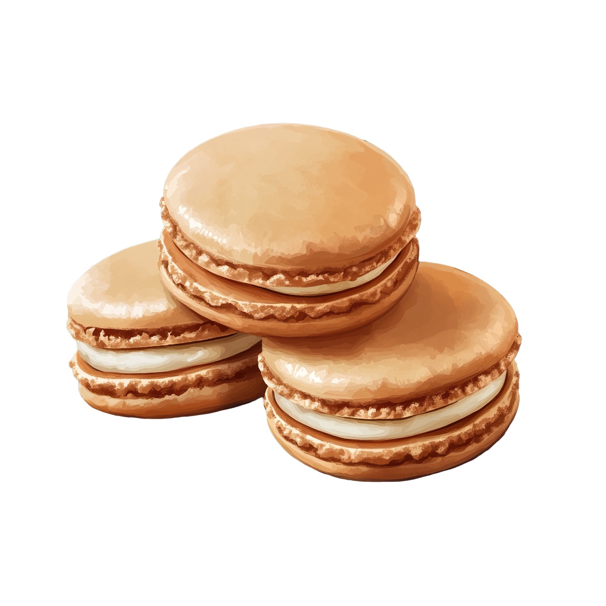 Three caramel macarons with cream filling stacked together.