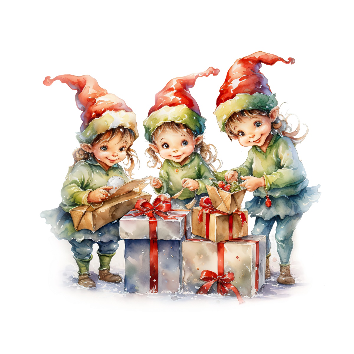 Three elves in red hats with Christmas gifts against a white background.