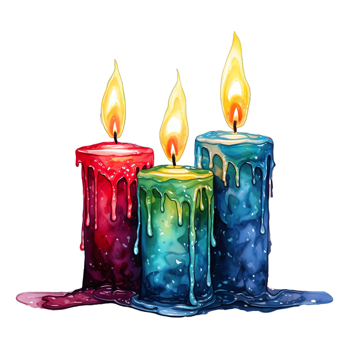 Three colorful wax candles with bright flames and dripping wax.