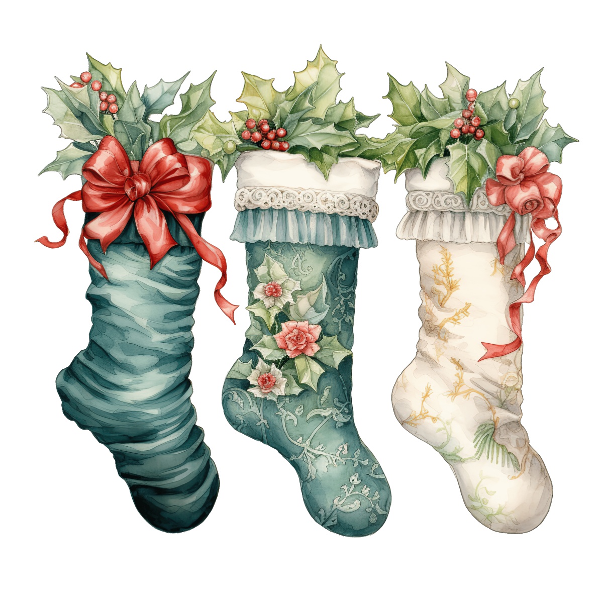 Three decorative Christmas stockings with holly and ribbons in festive style.