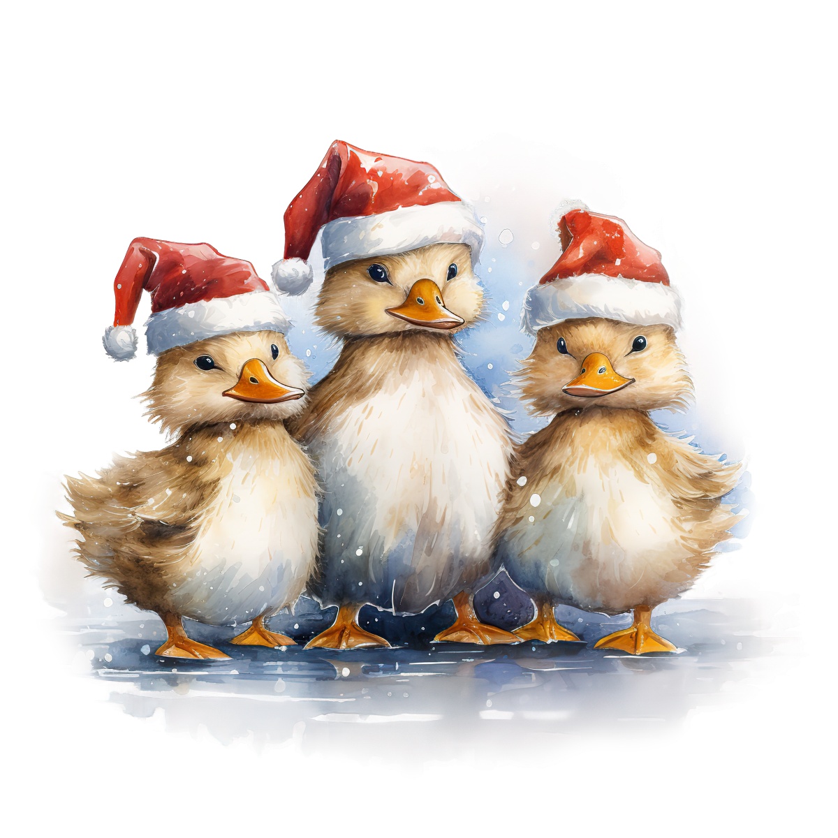 Three brown ducks wearing Santa hats in a snowy setting.
