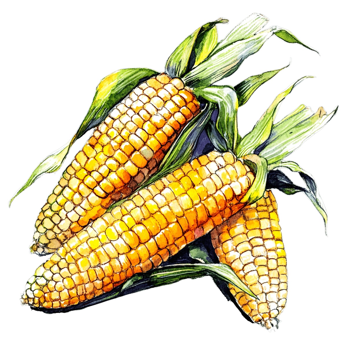 Three ears of corn with green husks in a watercolor style.