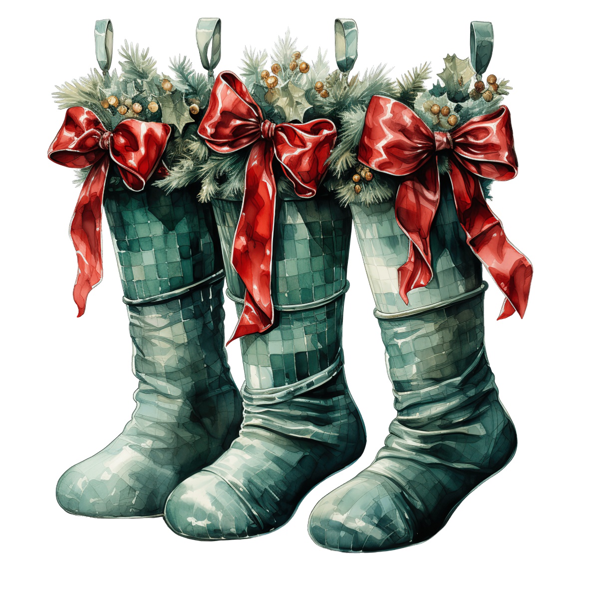 Three Christmas stockings with red bows and greenery, festive holiday decorations.