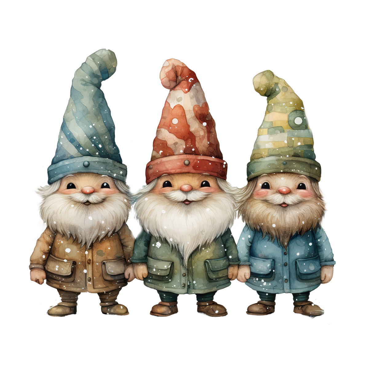 Three gnomes in colorful hats decorated with snowflakes in a winter theme.