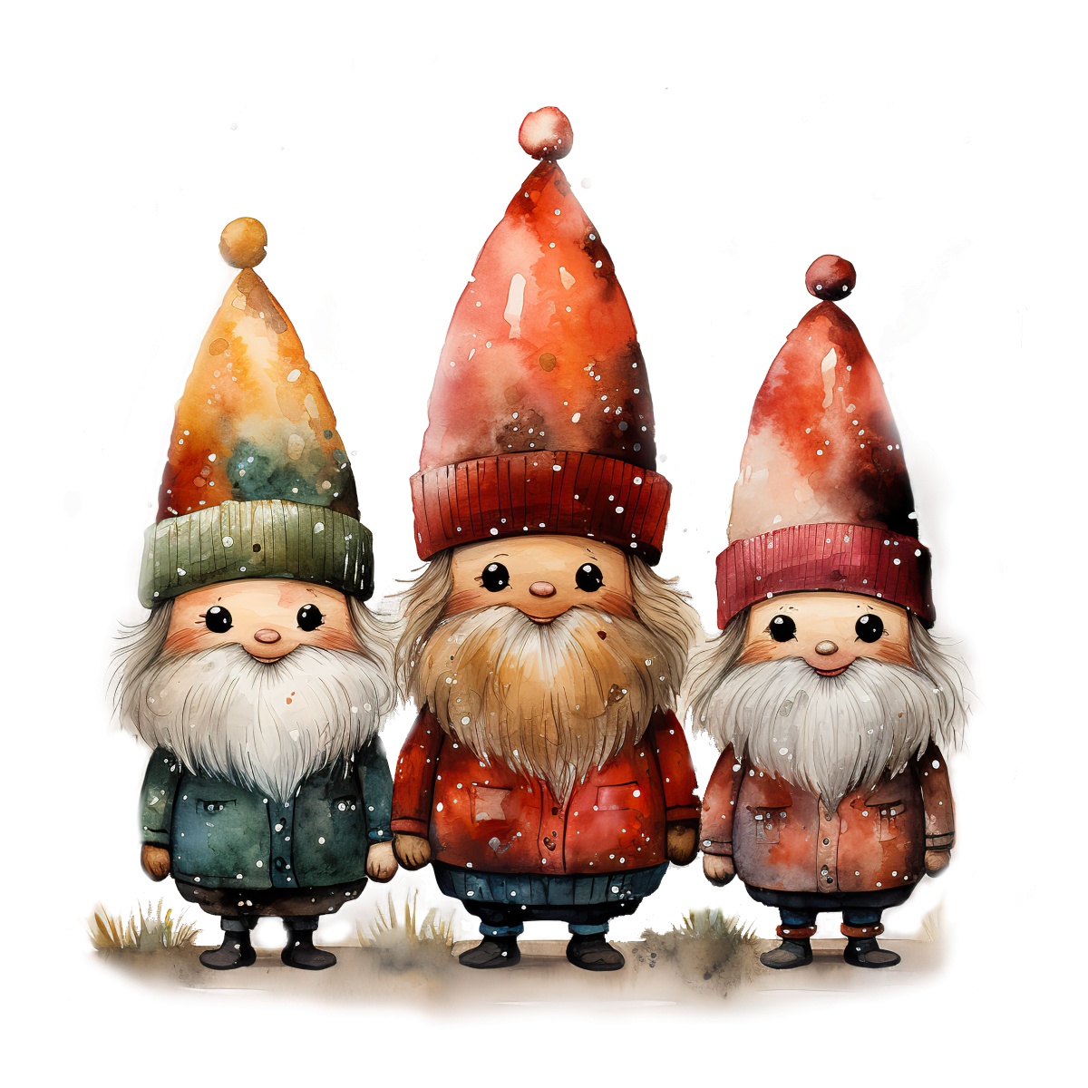 Three gnomes with colorful hats and beards standing in snowy weather.