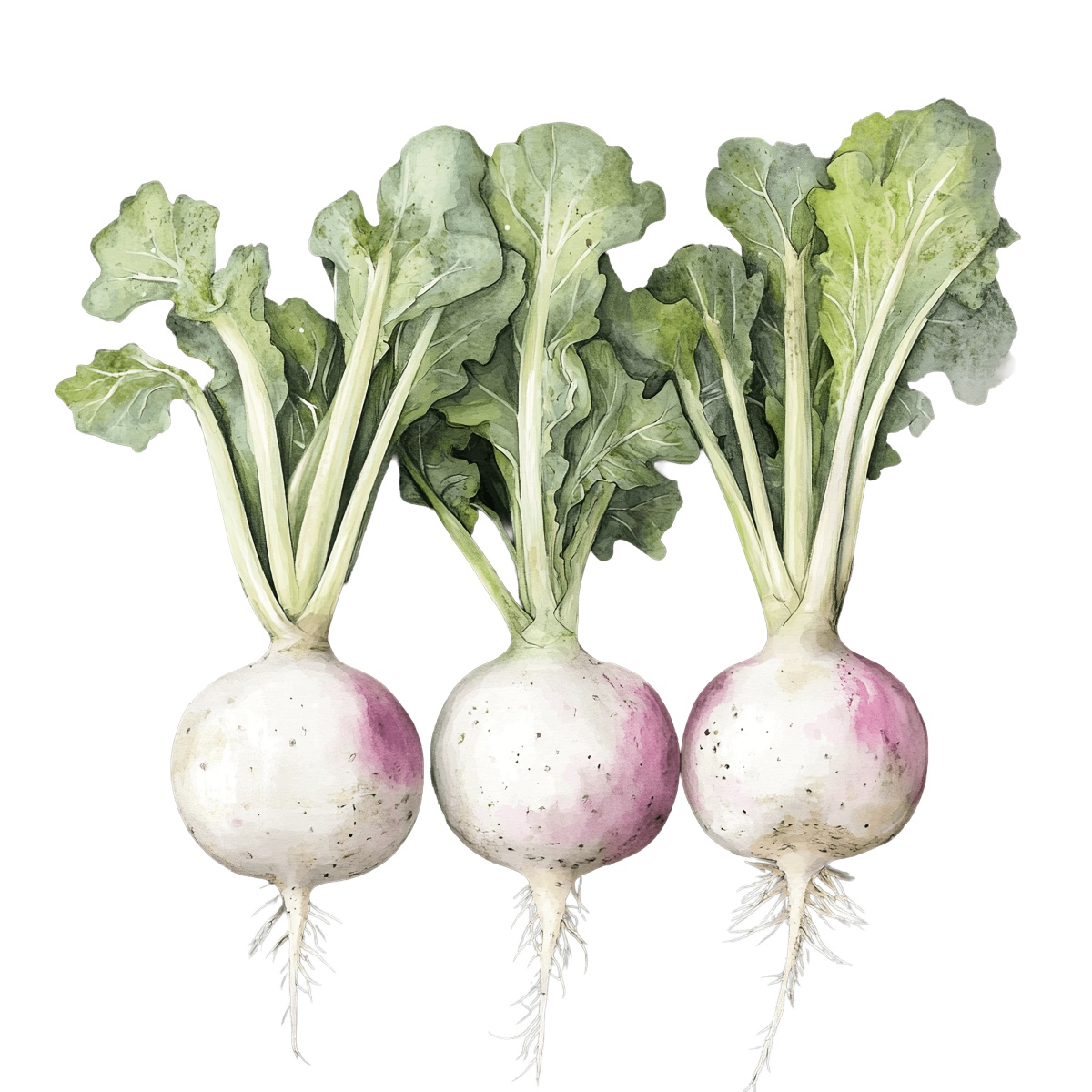 Three watercolor turnips with green leaves in a detailed style.