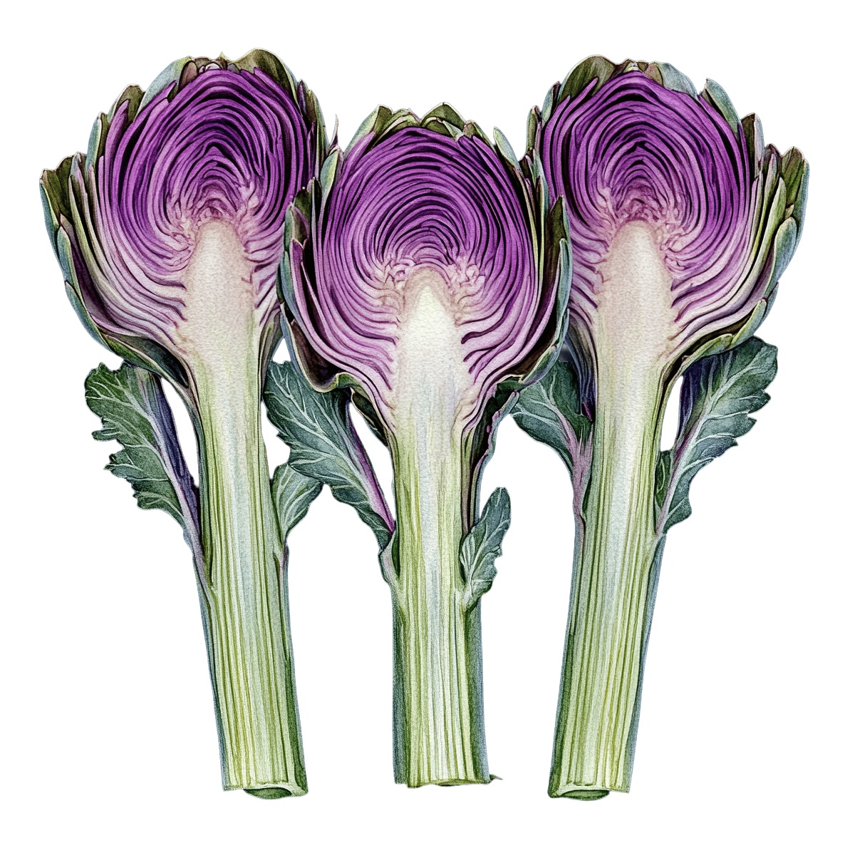 Three halved artichokes showcasing vibrant purple and green interiors.
