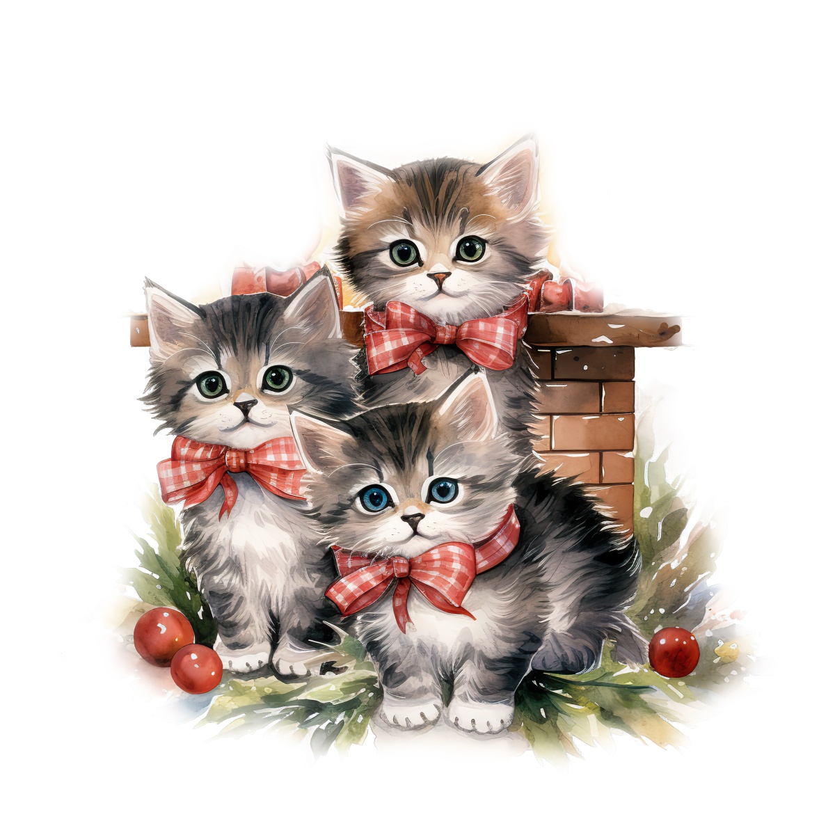Three kittens with red bows sitting beside a Christmas-decorated chimney.