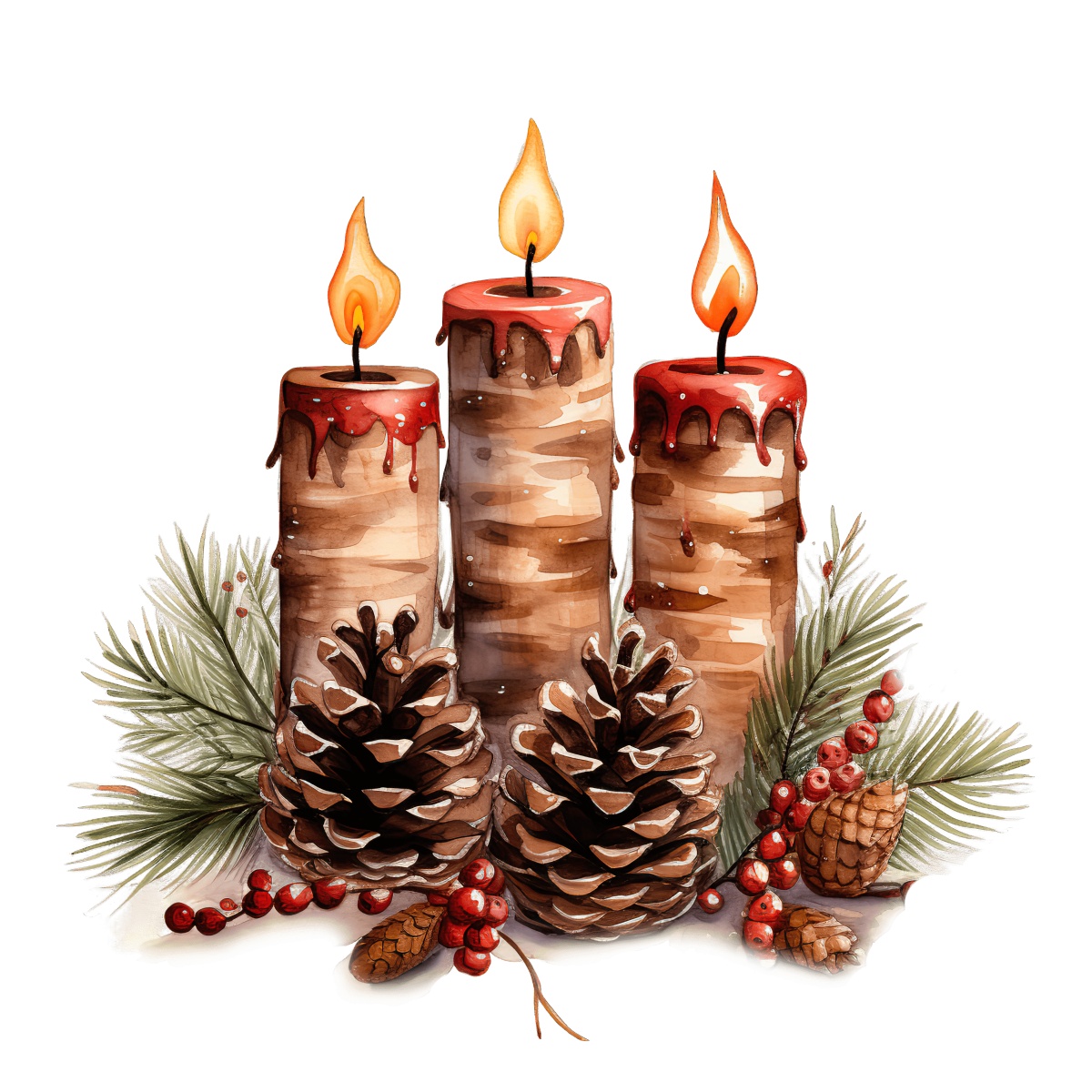 Three lit candles with pinecones and evergreen foliage for holiday decoration.