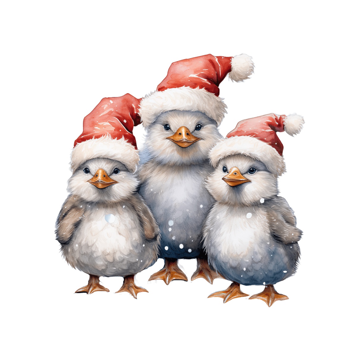 Three penguins wearing red Santa hats standing against a black background.