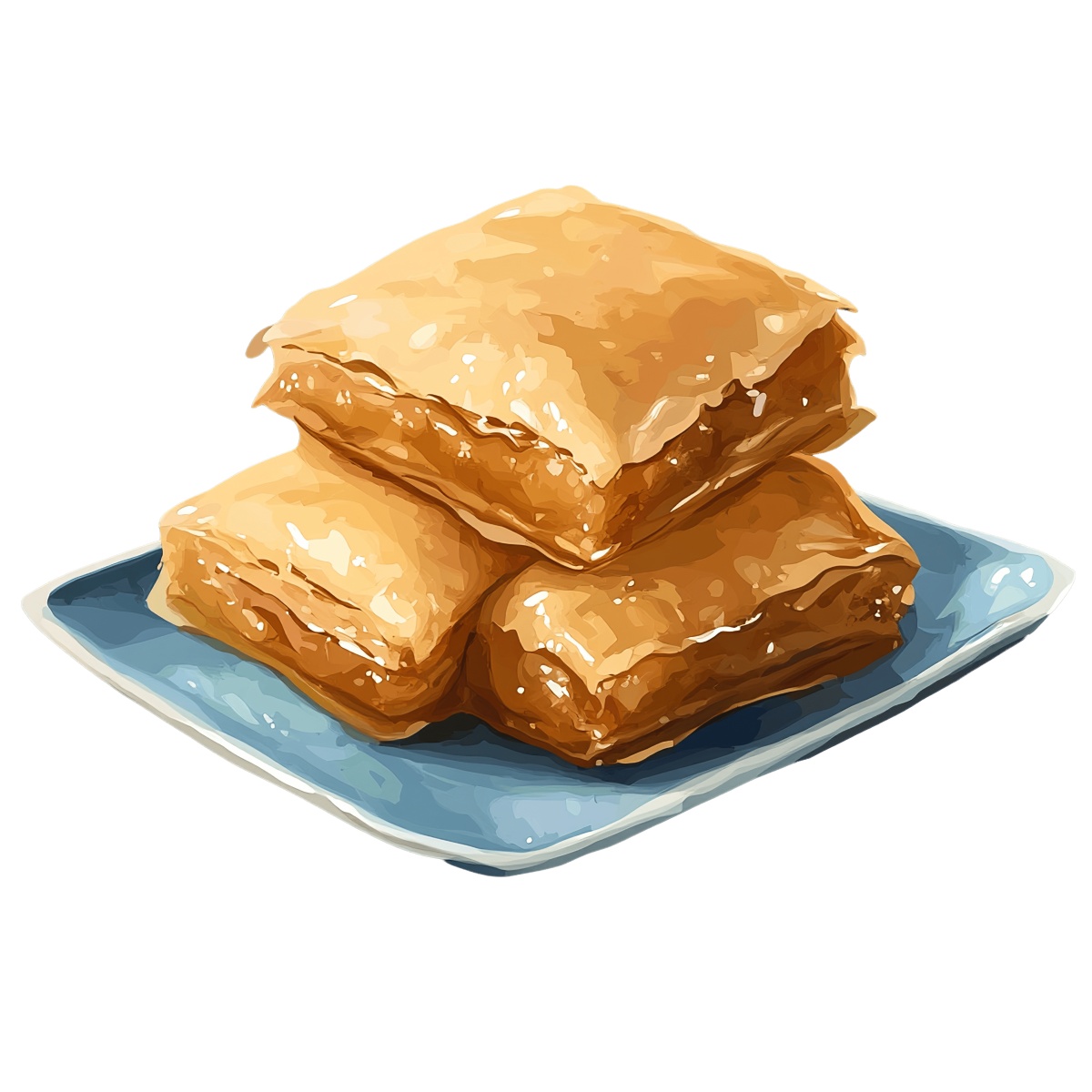 Three pieces of baklava stacked on a blue plate with syrup.