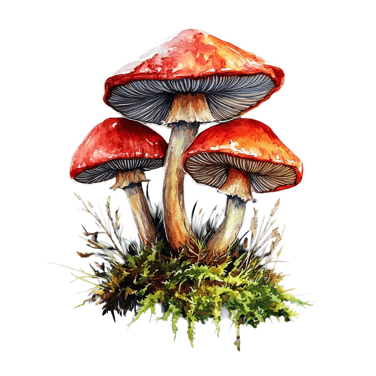 Three red mushrooms with white gills and moss at the base on black.