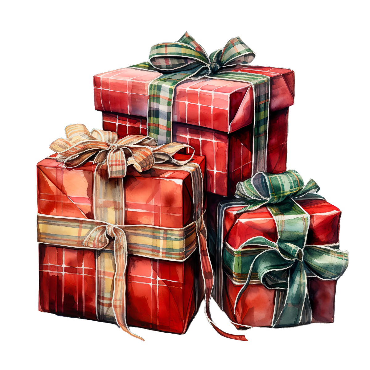 Three red gift boxes with plaid ribbons stacked in a decorative arrangement.