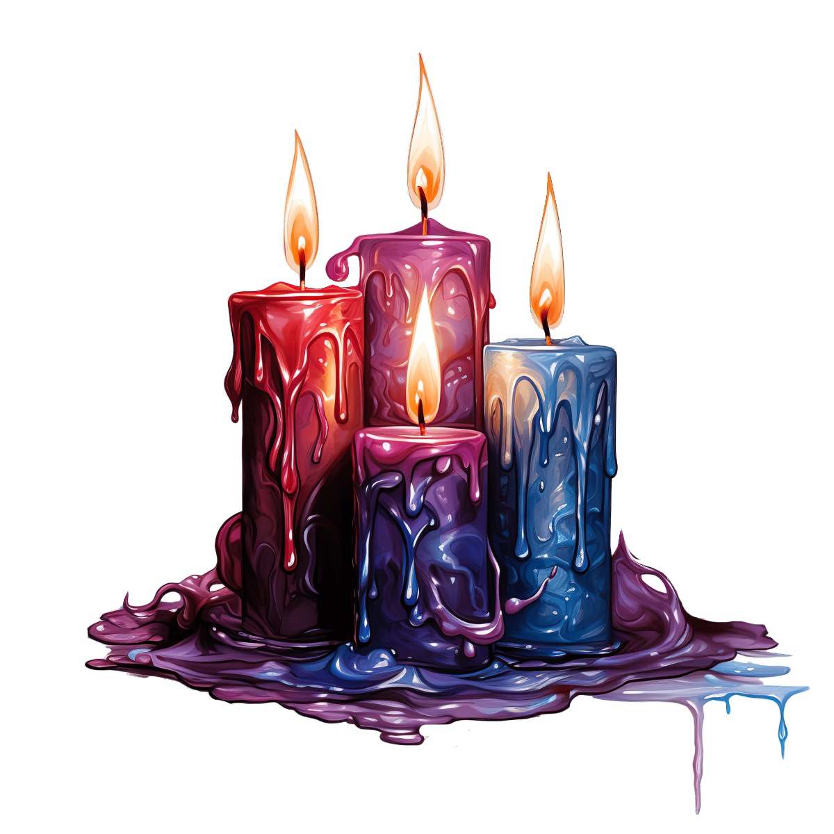 Three colorful candles with flames and dripping wax in a dark scene.
