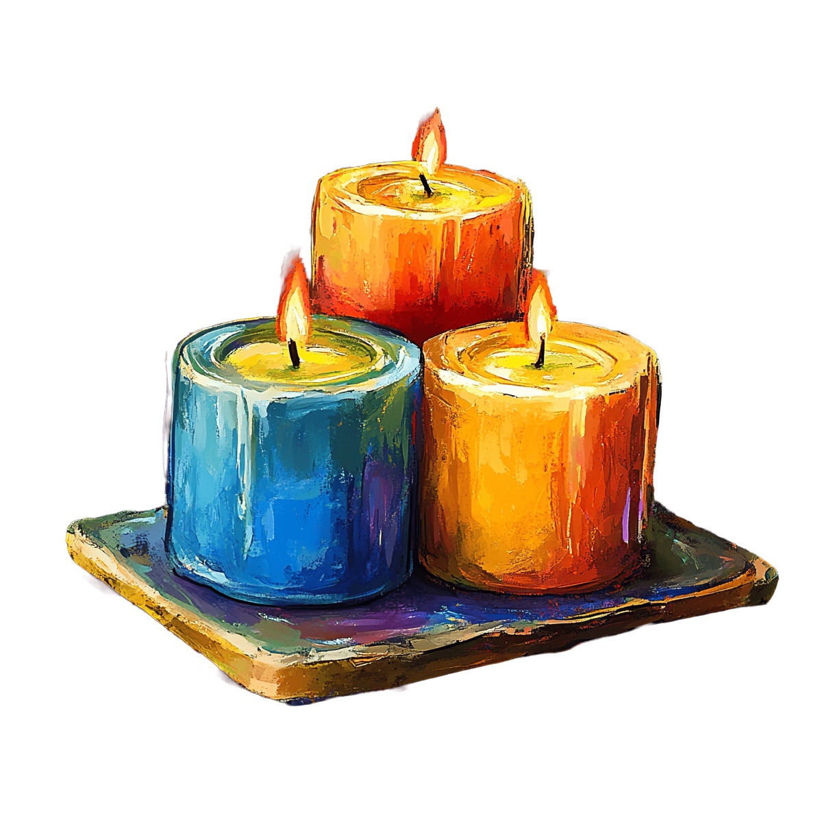 Three colorful pillar candles in red, yellow, and blue with flames on a tray.