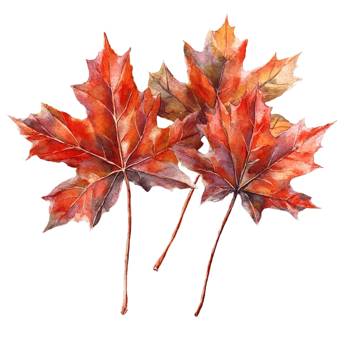 Three detailed red maple leaves with stems on a black background.