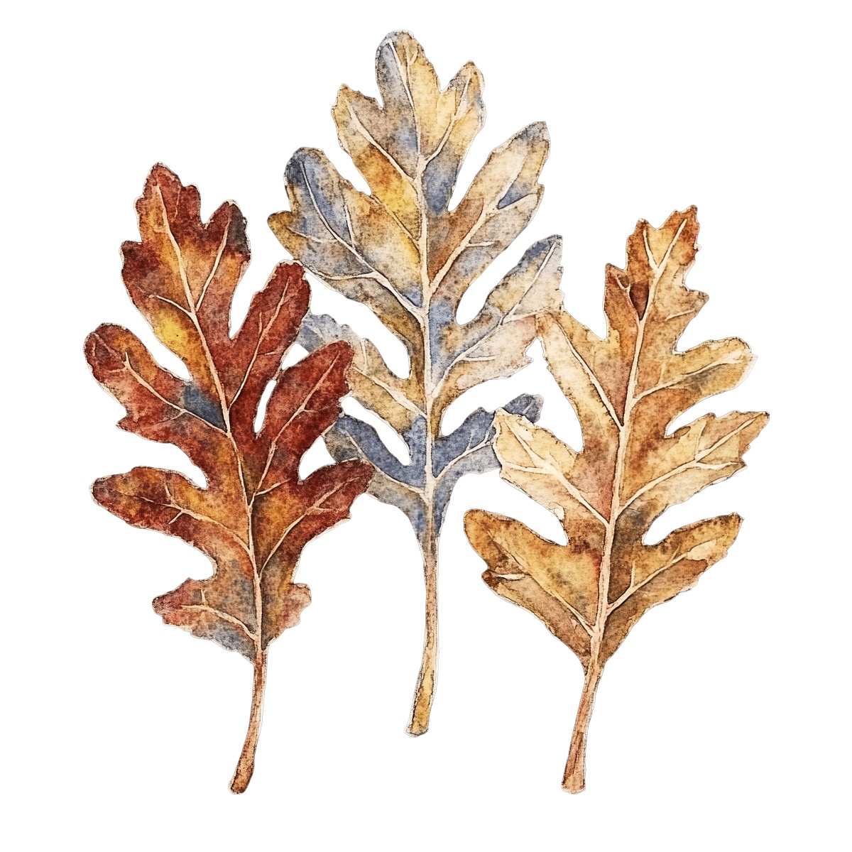 Three watercolor autumn oak leaves with varied colors on a black surface.