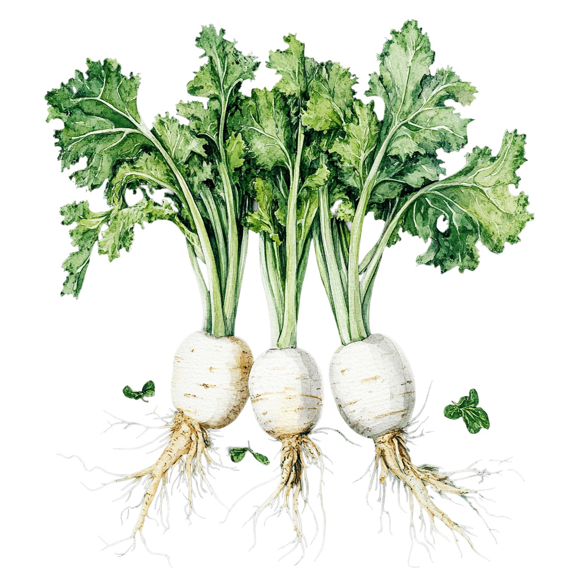 Three white radishes with green leaves and visible roots.