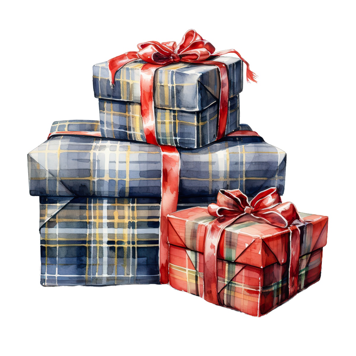 Stack of three plaid-wrapped gift boxes with red ribbons on a black background.