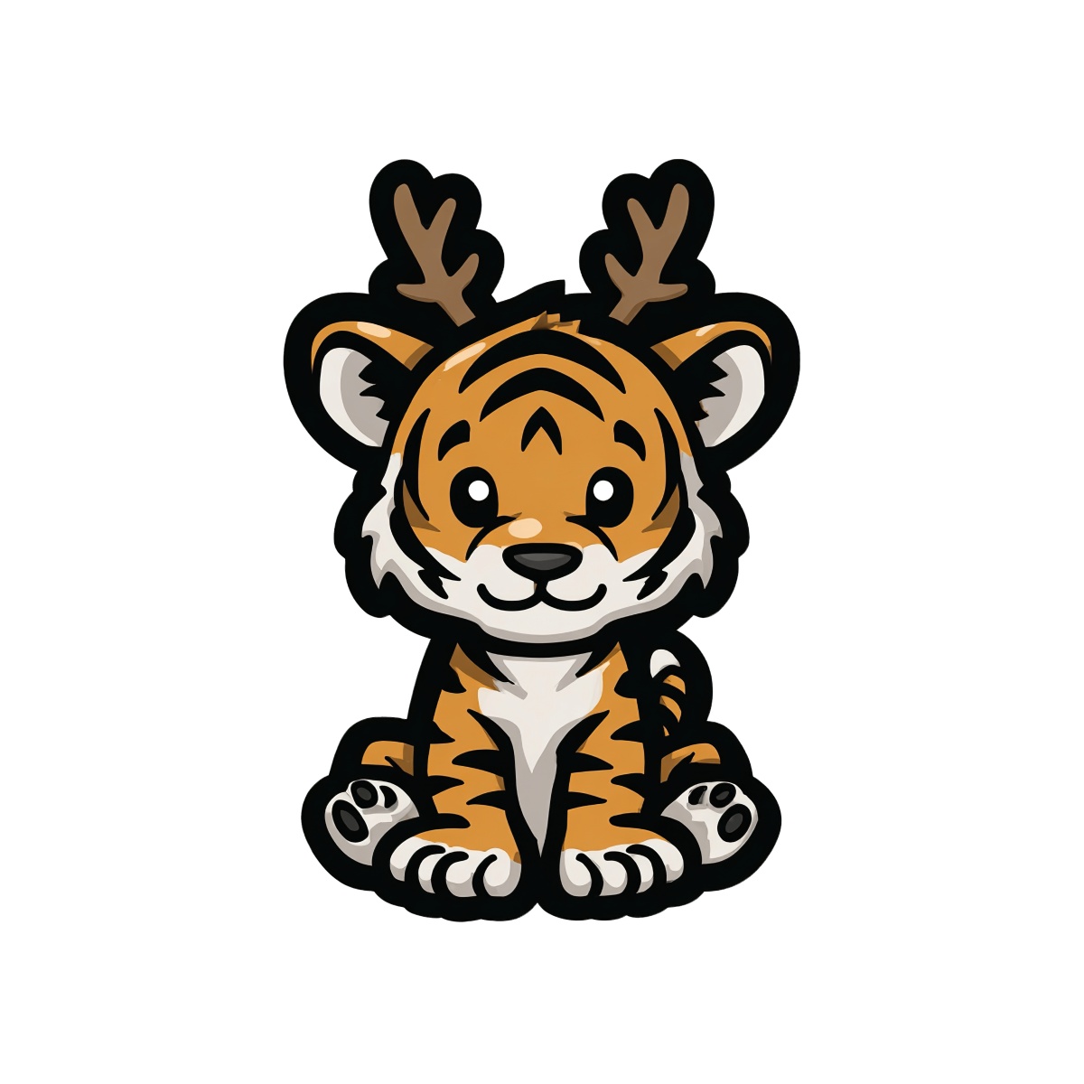 Tiger with antlers, orange and black stripes, sitting position.