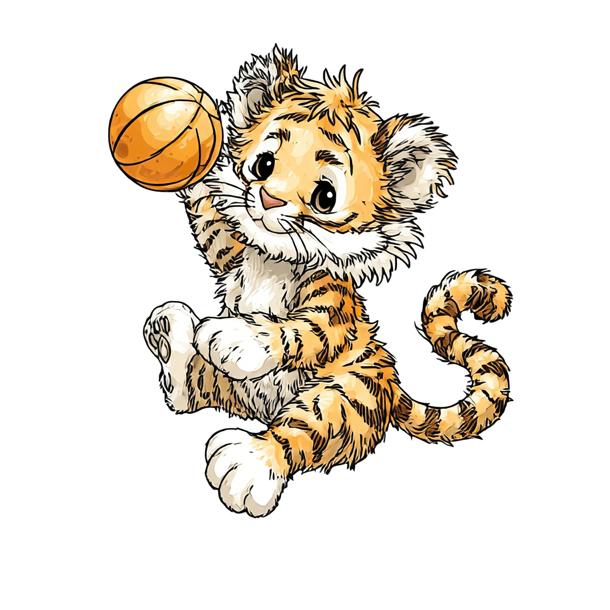 Tiger cub holding a basketball, orange and black striped design.