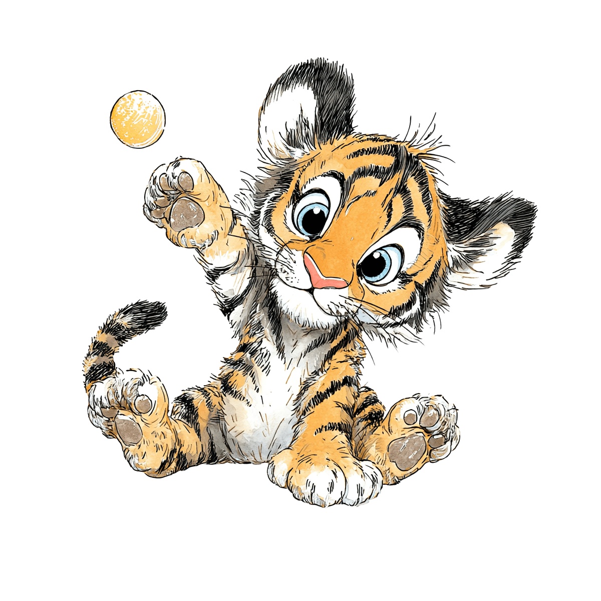 Tiger cub with orange and black stripes reaches for a yellow ball.
