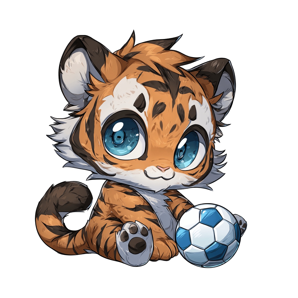 Tiger cub illustration holding a blue soccer ball with big blue eyes.