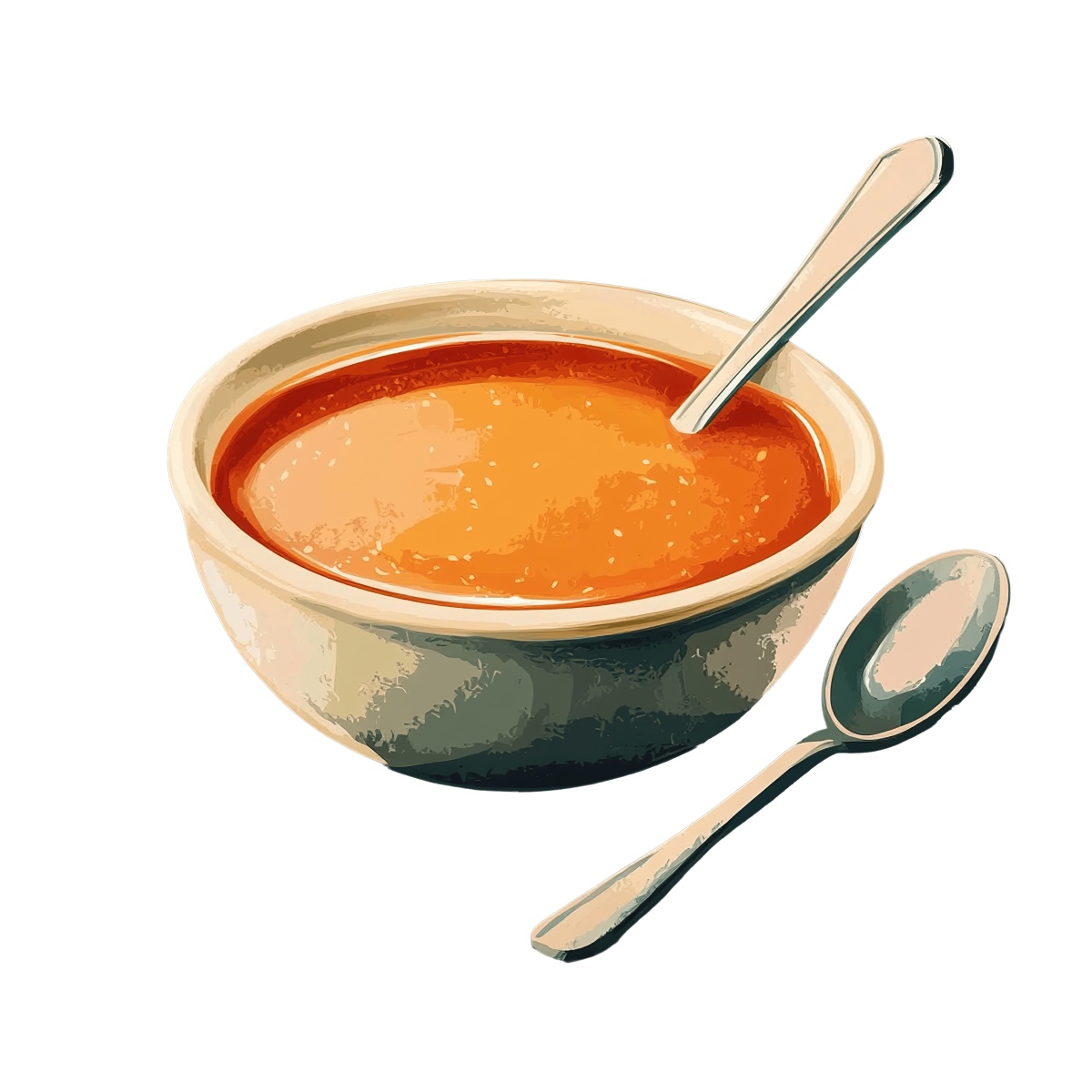 Bowl of tomato soup with a spoon.