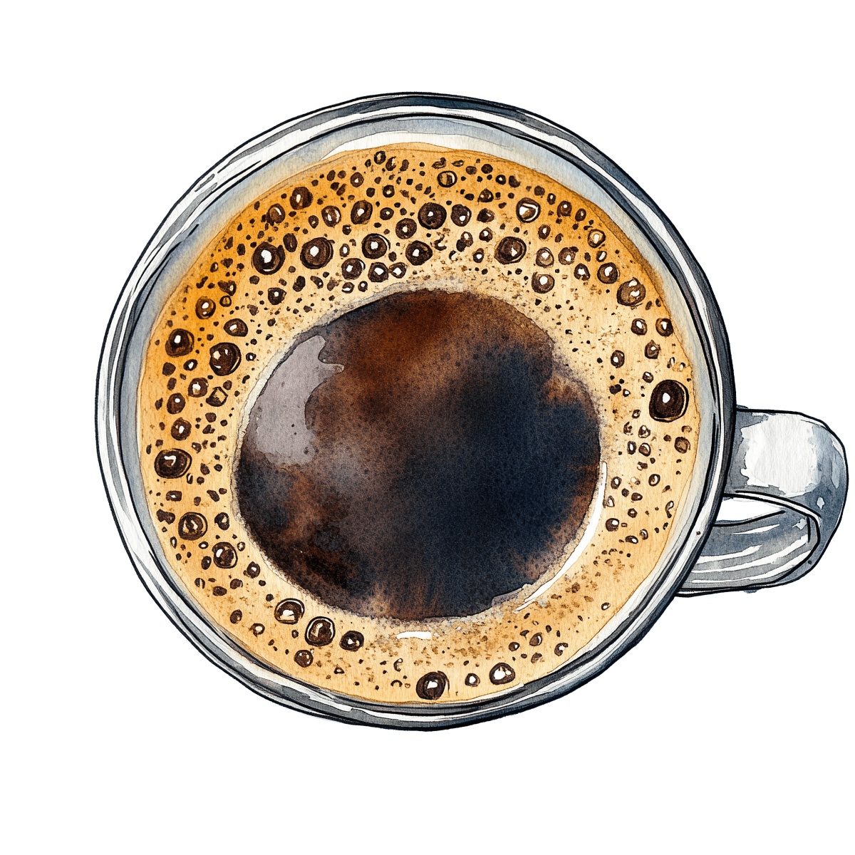 Top view of a coffee cup with dark brew and foam.