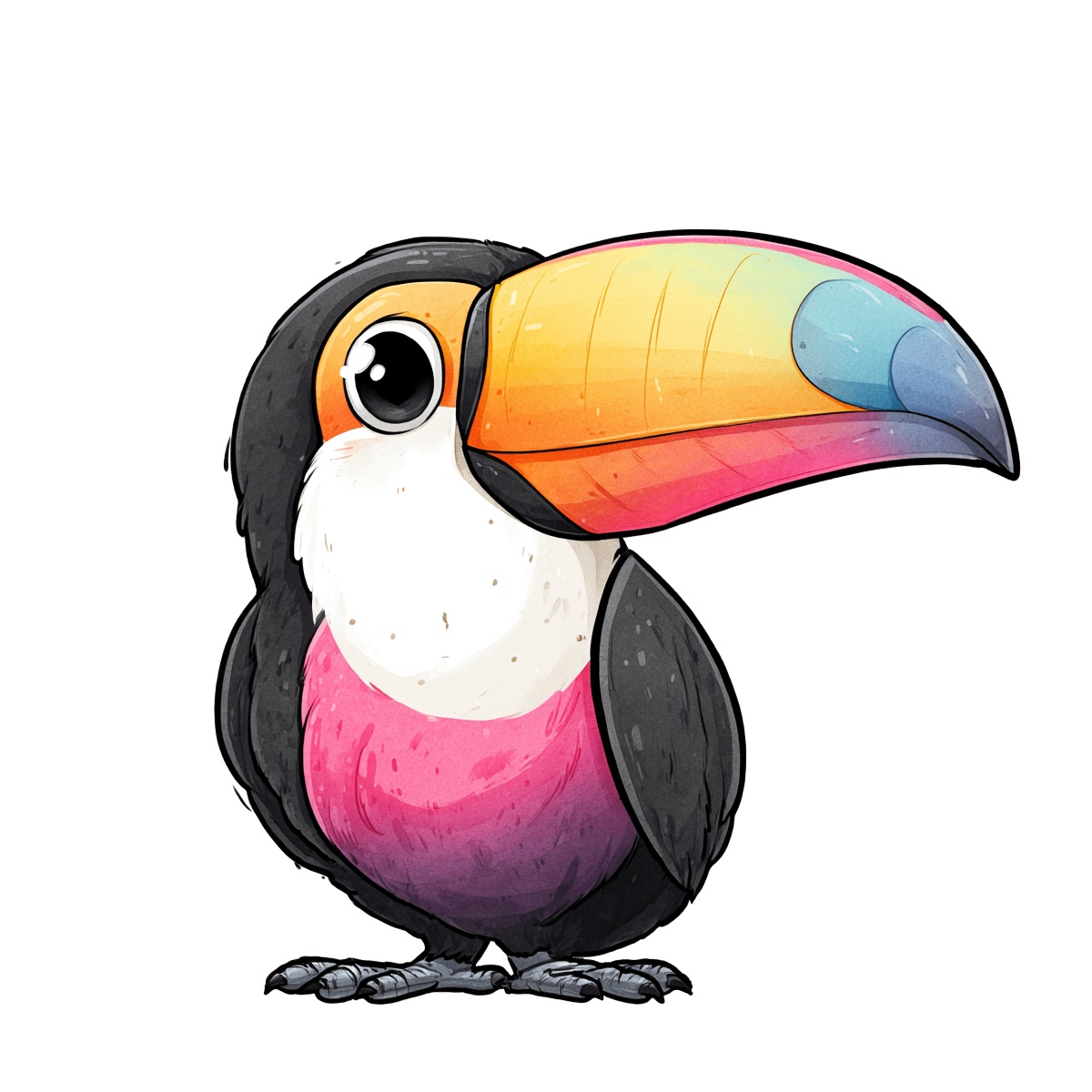Toucan illustration with a colorful beak, black body, and pink belly in vector style.
