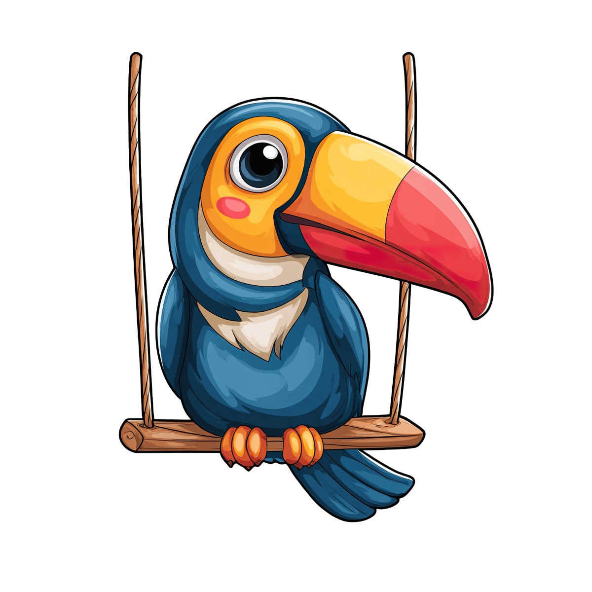 Toucan with a colorful beak perched on a wooden swing.