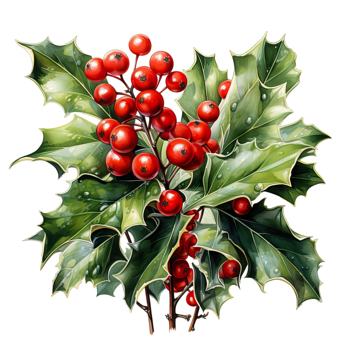 Holly plant with green leaves and red berries, festive and decorative.