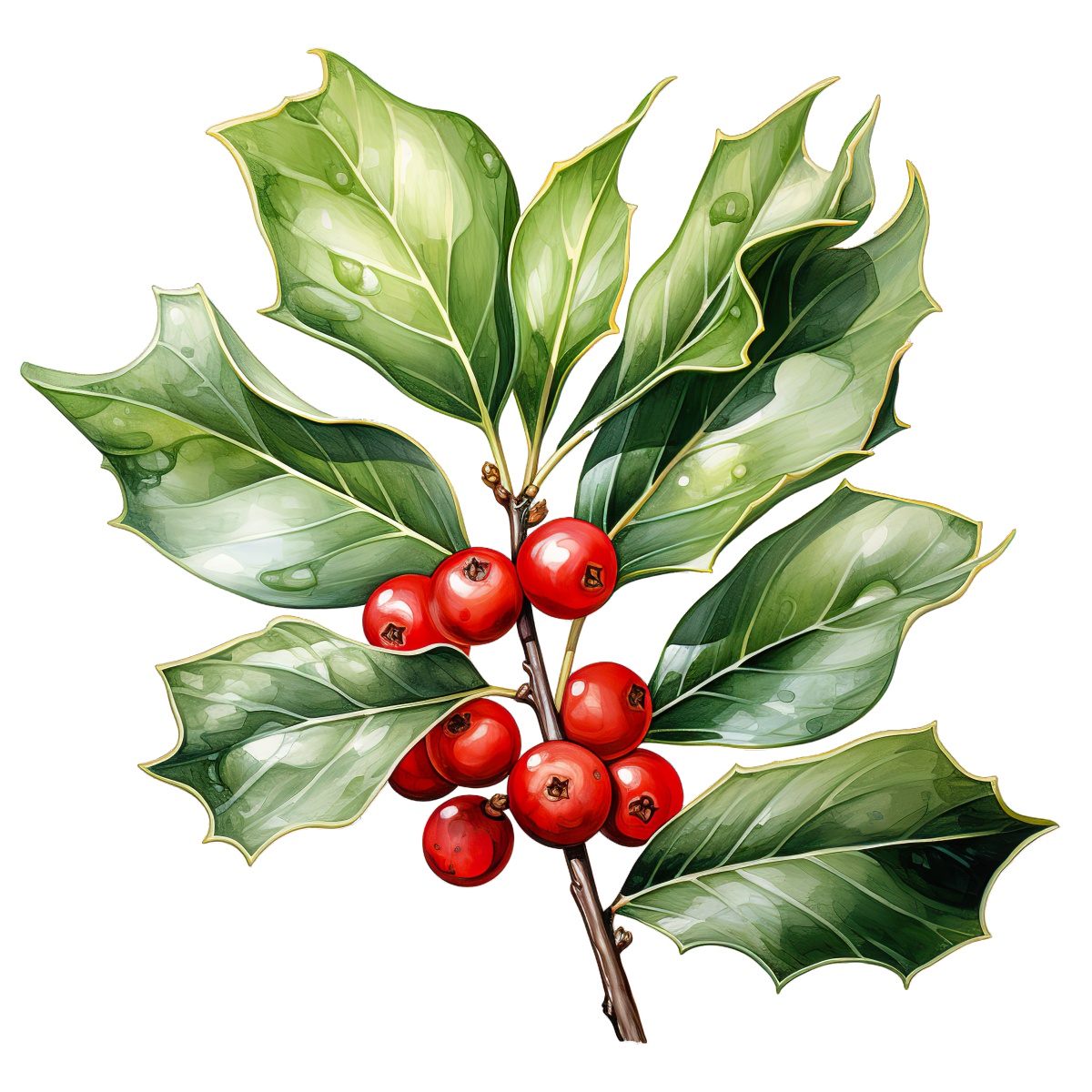 Holly branch featuring green leaves and red berries suitable for festive themes.