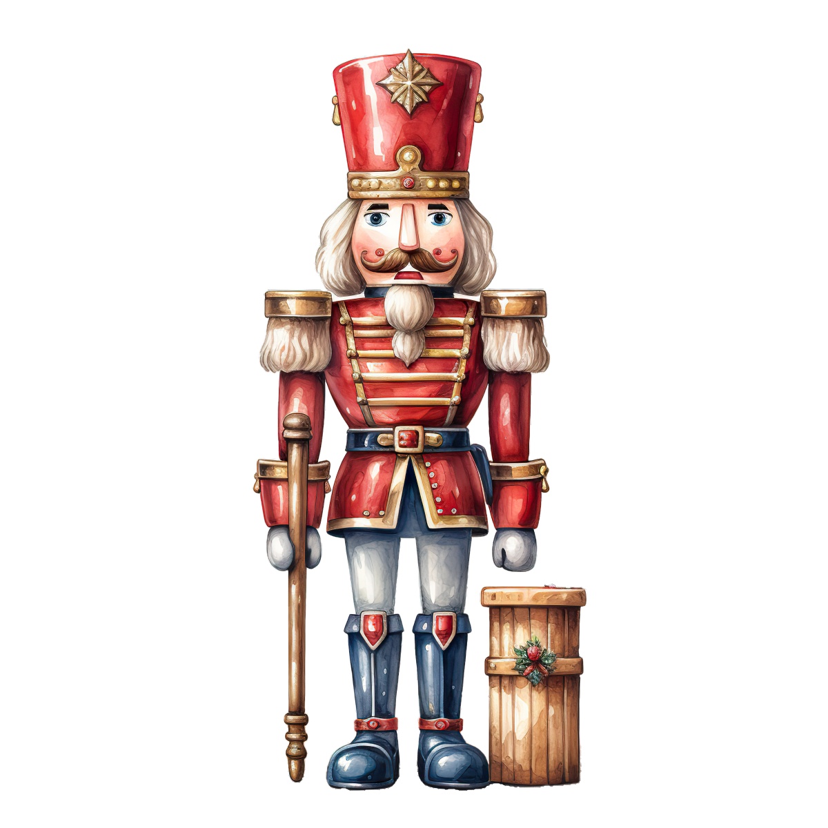 Nutcracker soldier in red uniform with gold details and a tall hat.