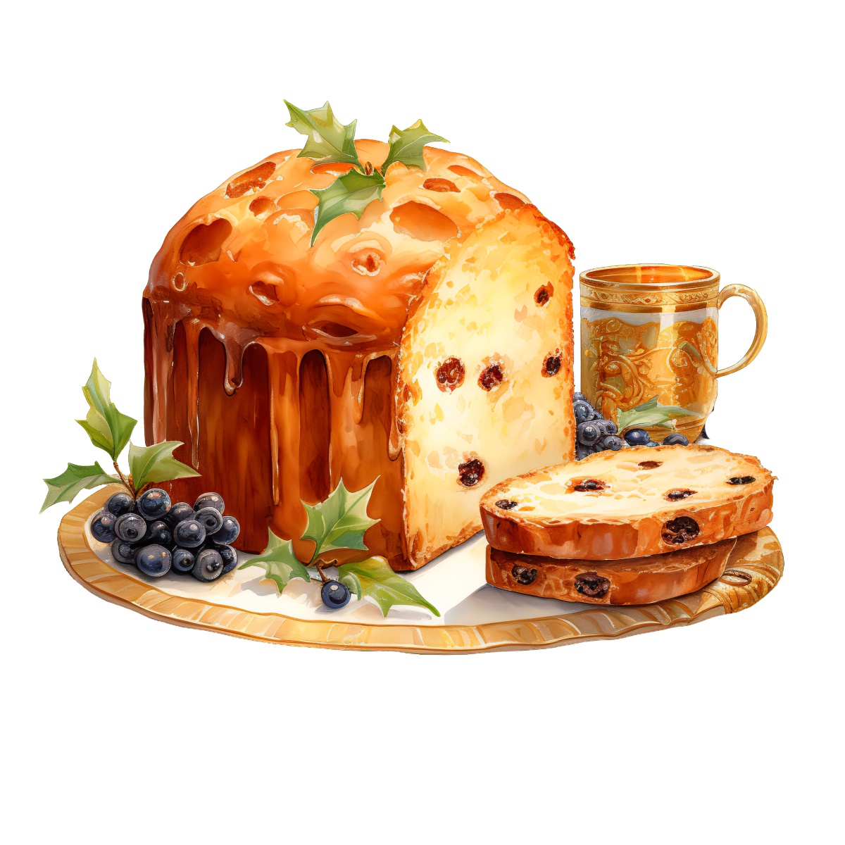 Panettone with raisins and holly leaves beside a decorative mug.