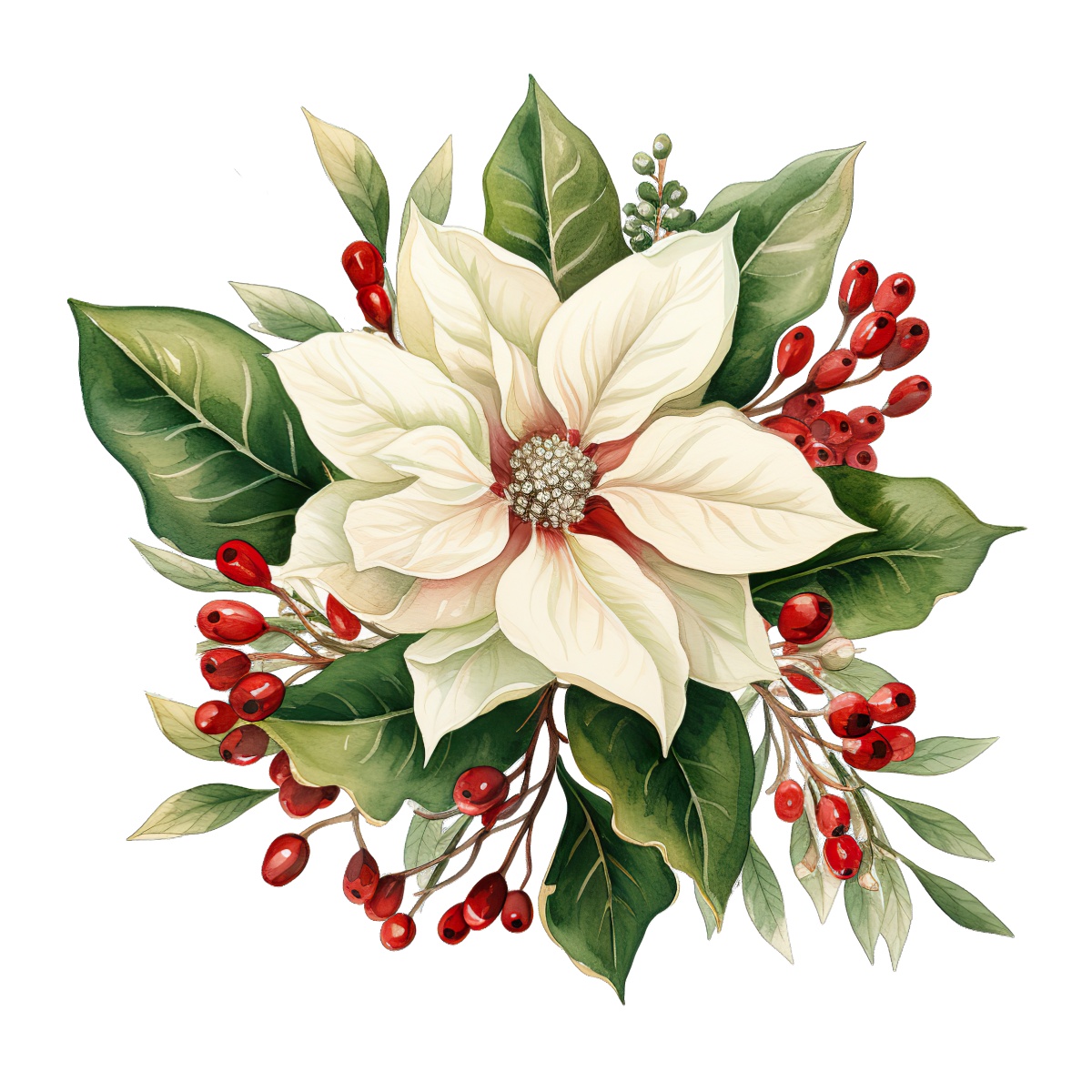 White poinsettia with green leaves and red holly berries in festive arrangement.