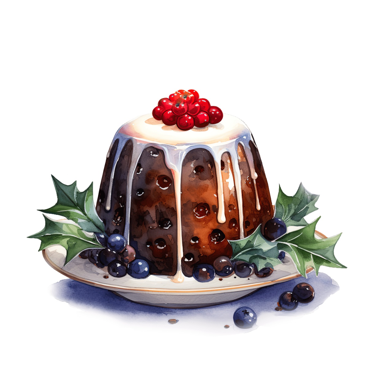 Christmas pudding with red berries and holly leaves on a plate.