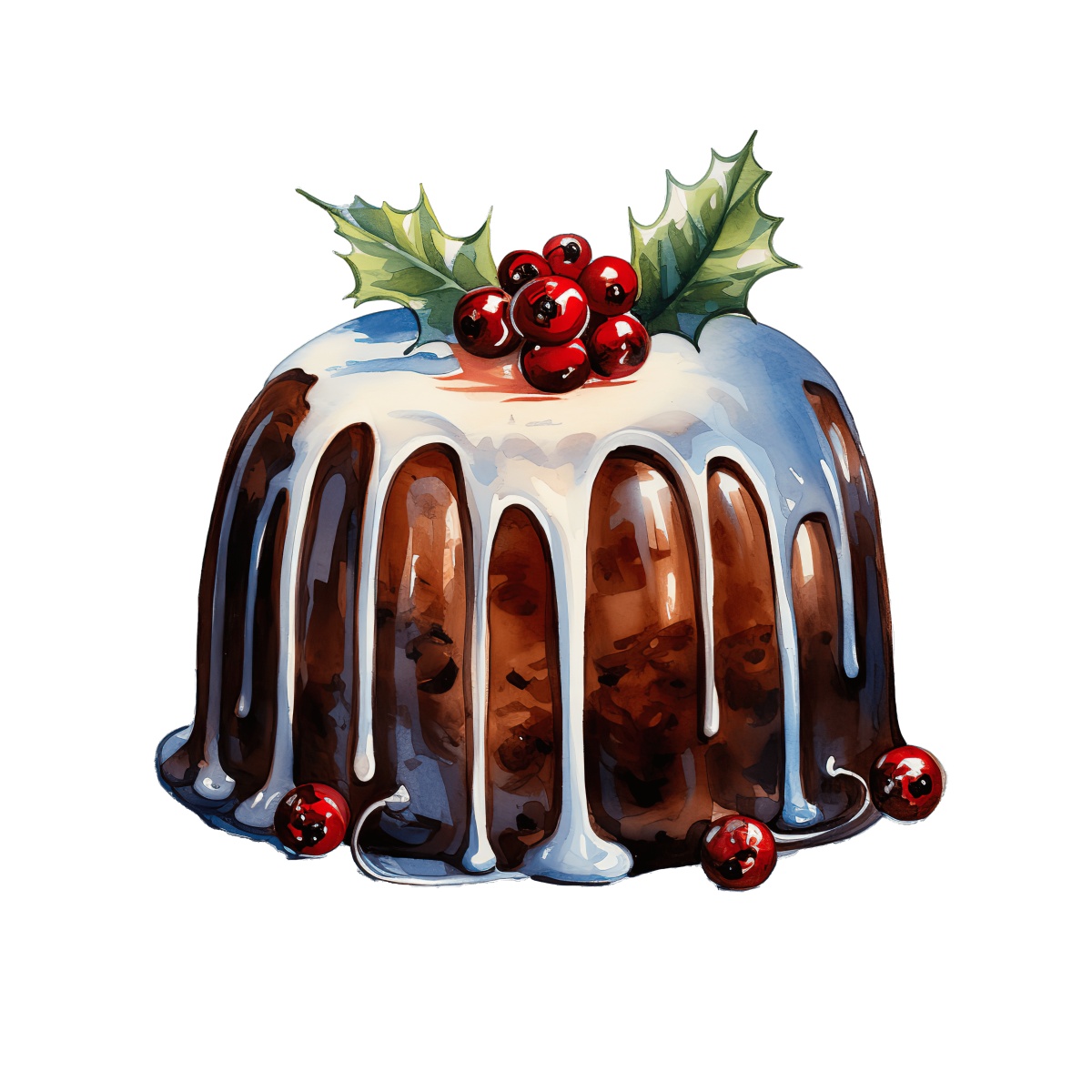 Christmas pudding with icing and holly berries on top.