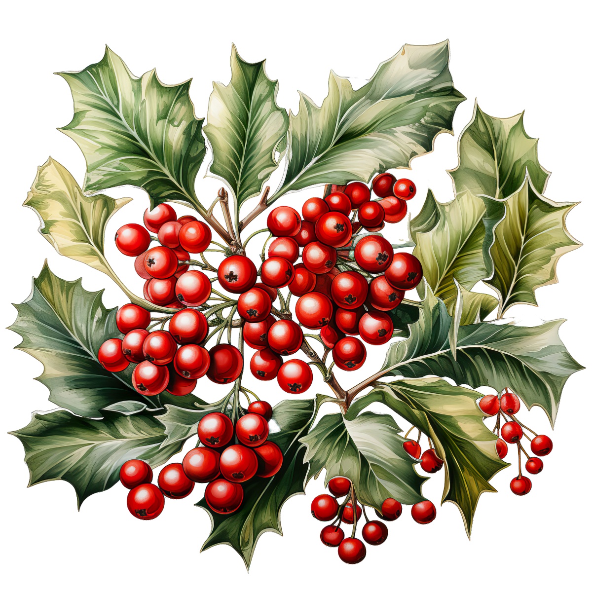 Holly leaves and red berries illustration for holiday decorations and themes.