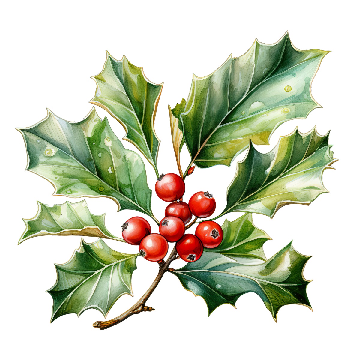 Holly branch featuring red berries and green leaves, associated with holidays.