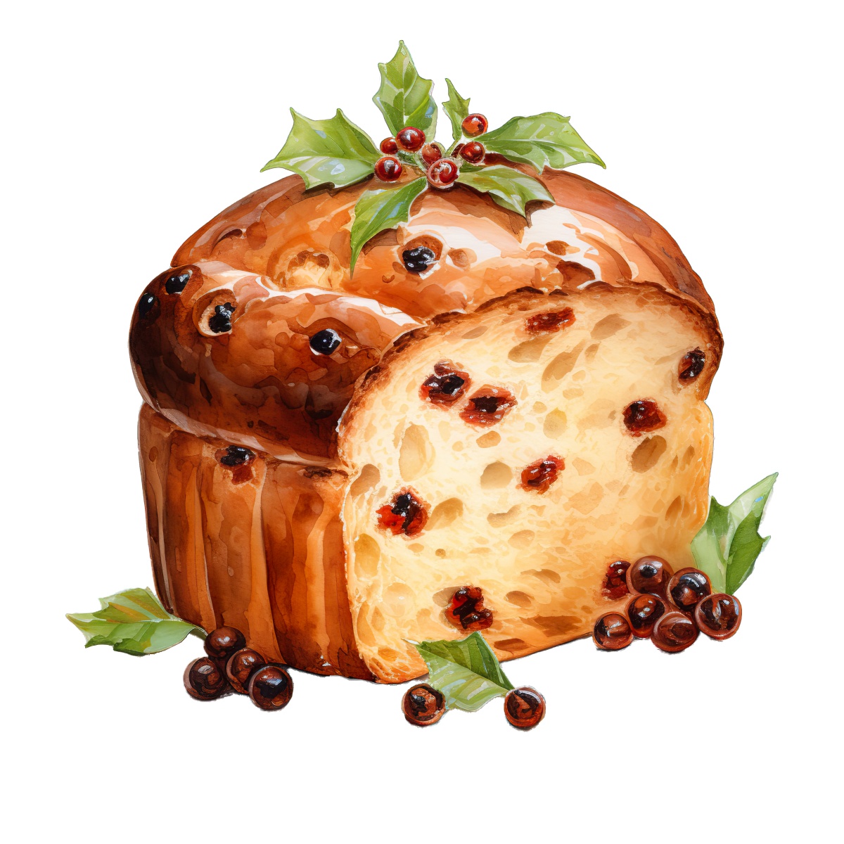 Traditional Italian panettone with holly decoration, featuring a cut section.